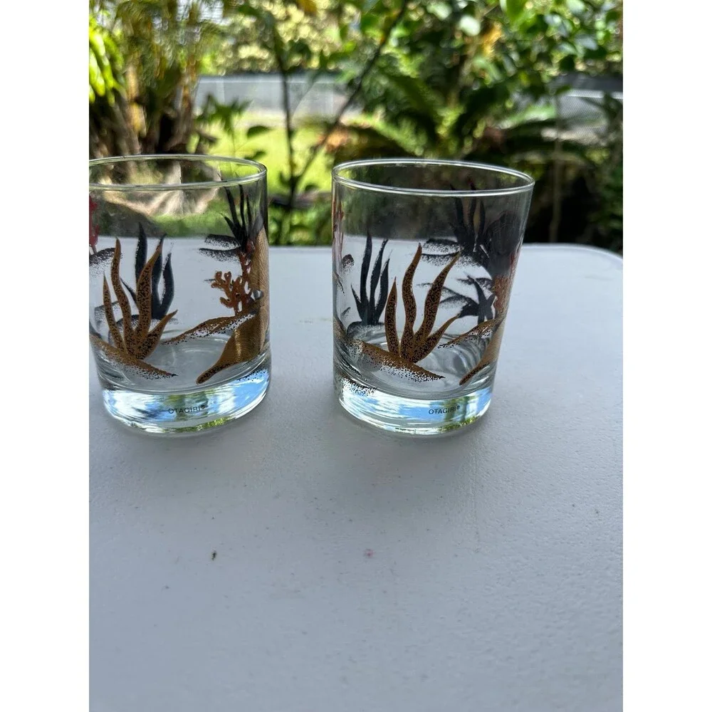 Vintage Set Of 2 Otagiri 22-Karat Gold Gilded Seashell Coral Lowball Glasses